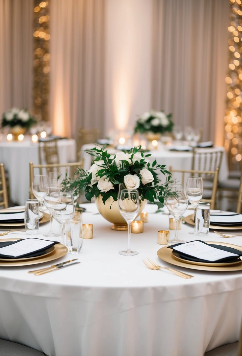 Elegant modern wedding table set with sleek white tablecloths and gold accents