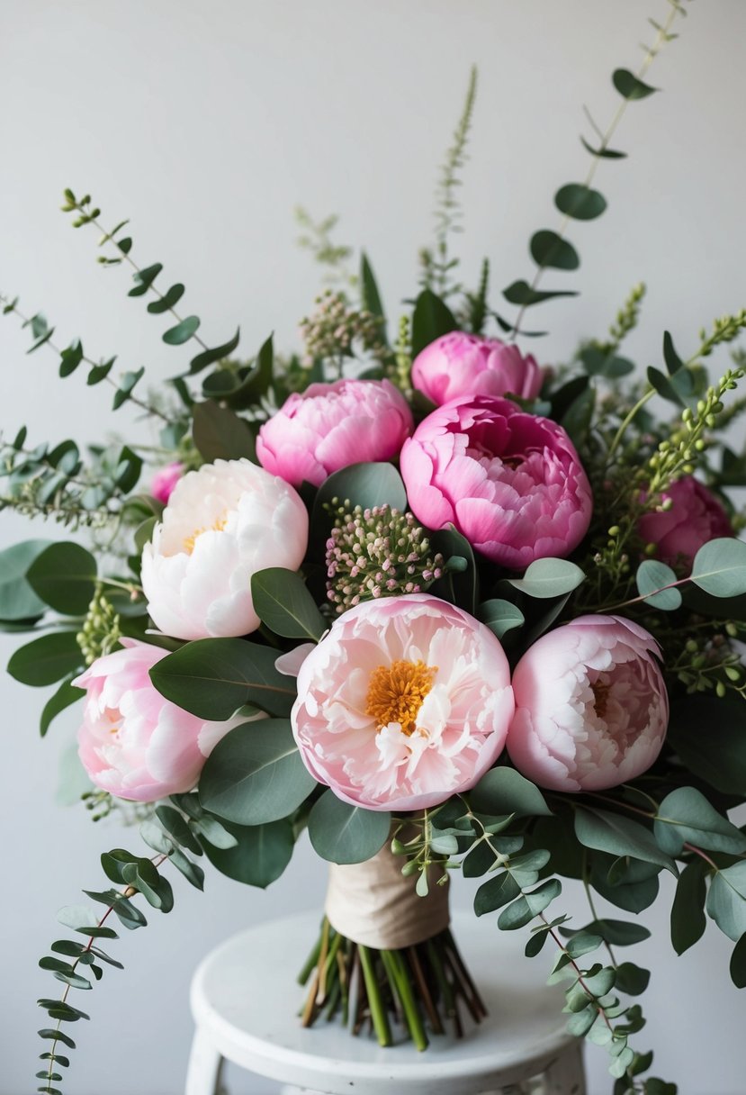 A lush bouquet of vibrant peonies and delicate eucalyptus leaves, arranged in a cascading design with a mix of pink and green tones