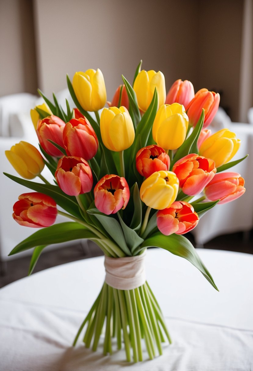 A vibrant wedding bouquet of bright yellow and coral blend tulips