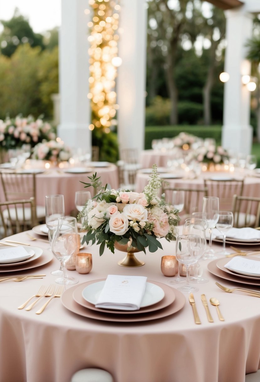 A table set with blush linens, delicate floral centerpieces, and modern place settings exudes an elegant and romantic vibe for a wedding