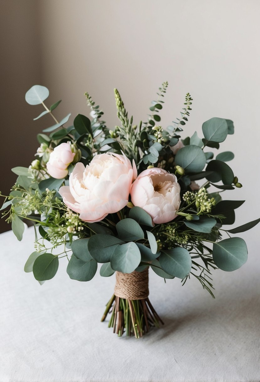 A rustic wedding bouquet with eucalyptus and peonies, arranged in a loose, organic style with a mix of greenery and soft pink blooms