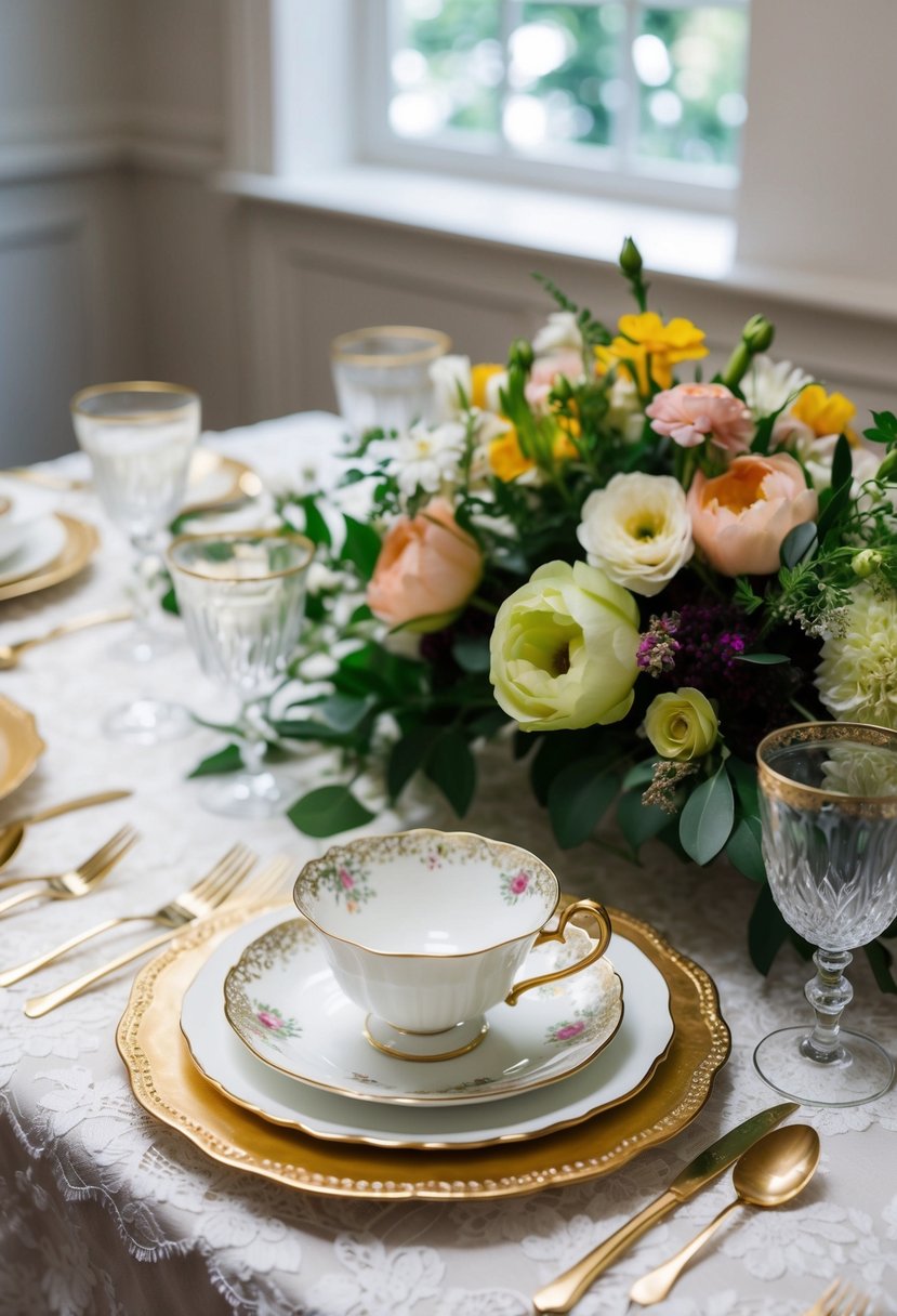 A vintage china tea set arranged on a lace tablecloth with fresh flowers and gold cutlery for an elegant modern wedding table decoration