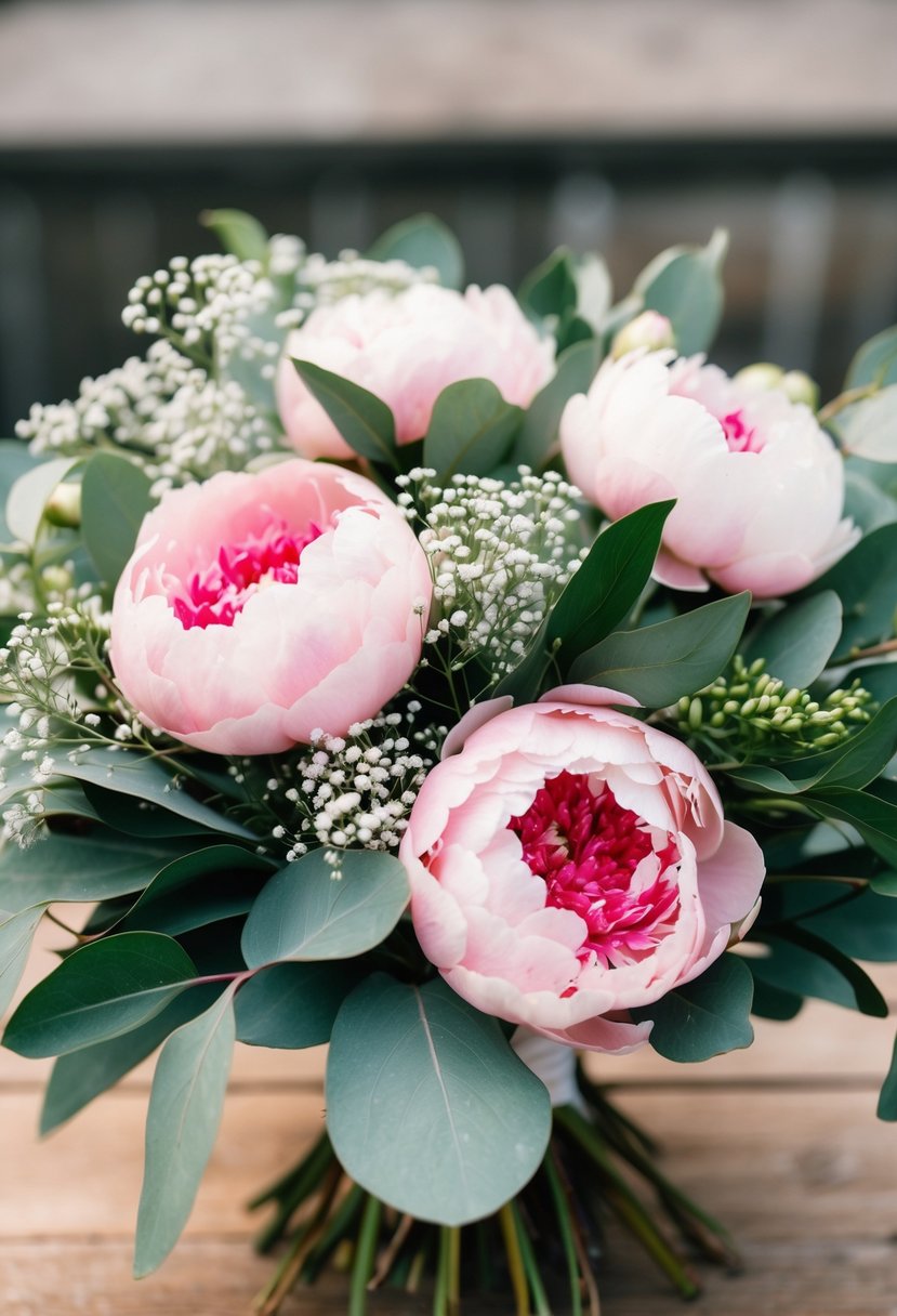 A lush bouquet of pink peonies, fragrant eucalyptus, and delicate baby's breath