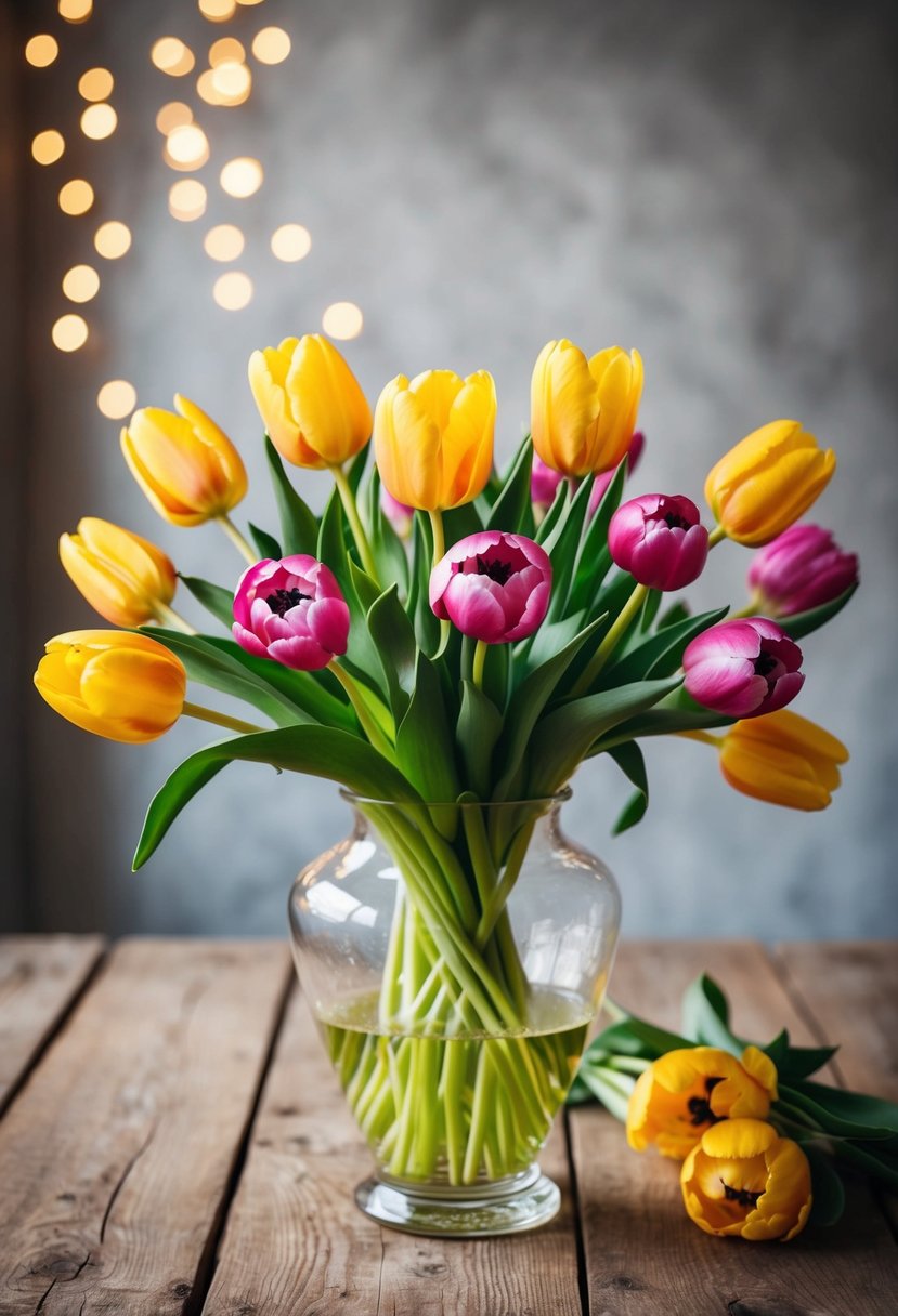 A vibrant bouquet of tulips and peonies arranged in a glass vase on a rustic wooden table