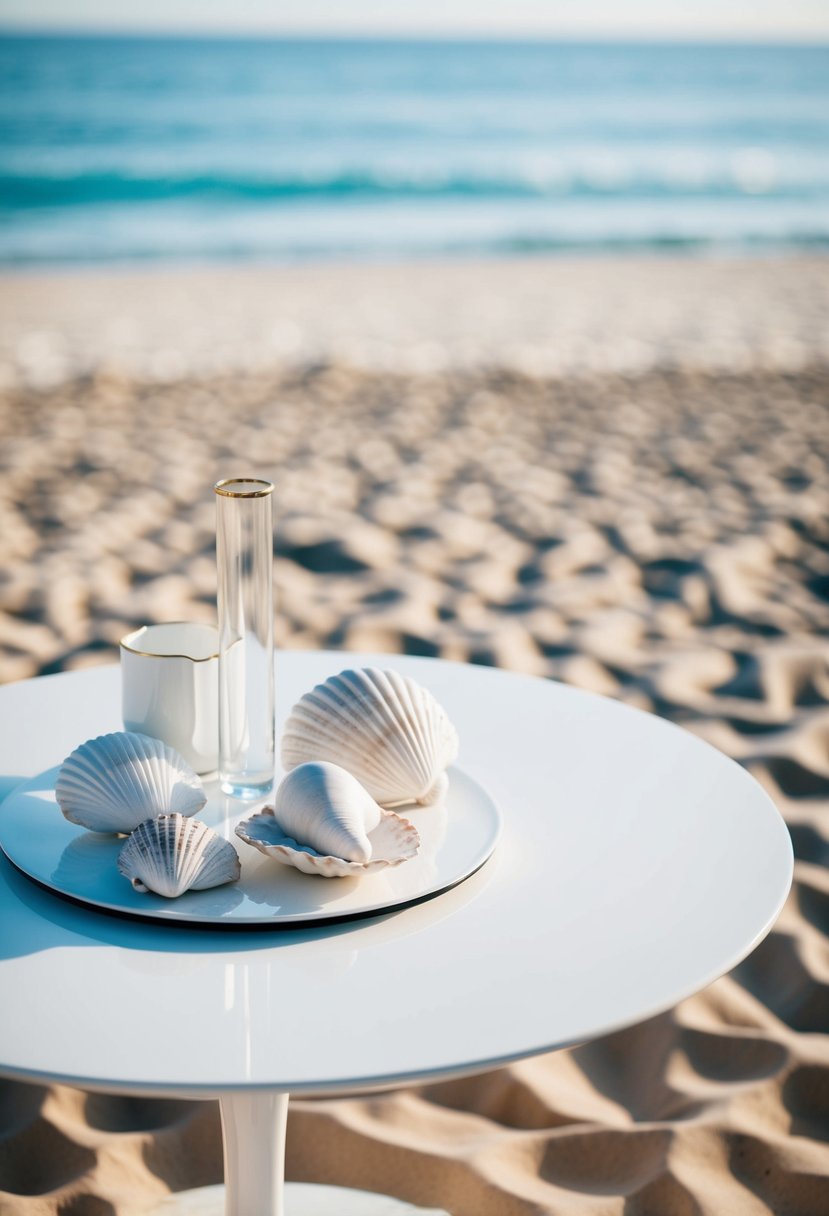 A sleek white table adorned with elegant shells and modern decor, set against a backdrop of a sandy beach and the tranquil ocean