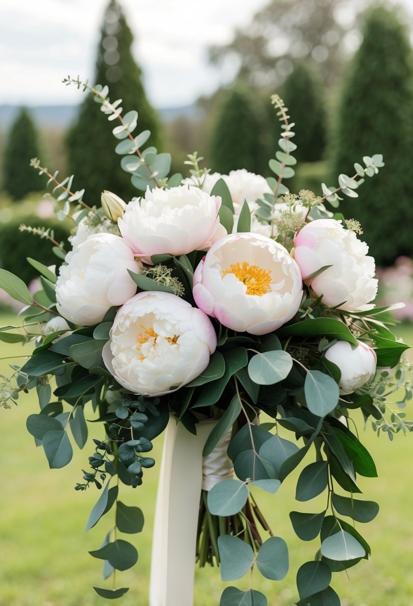 Lush peonies and cascading eucalyptus arranged in a garden-inspired wedding bouquet