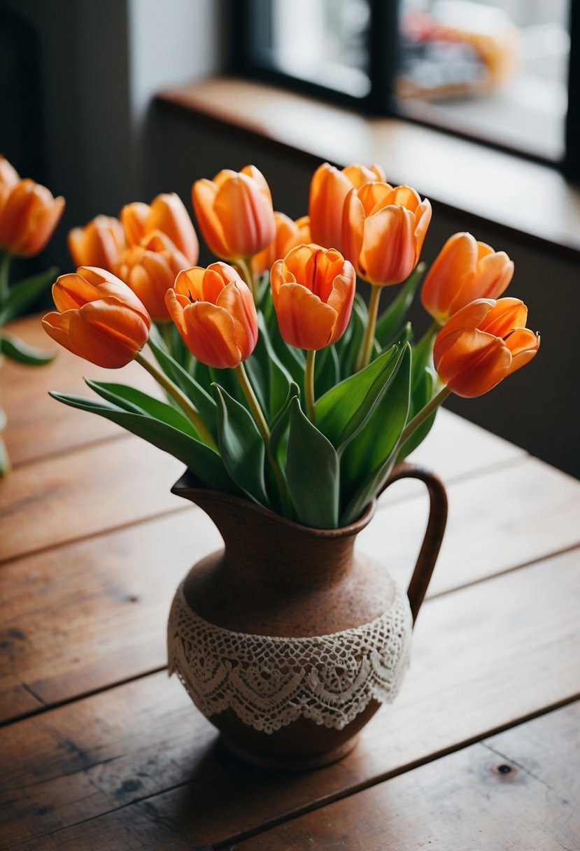 A bouquet of burnt orange and soft lace design tulips in a rustic vase on a wooden table