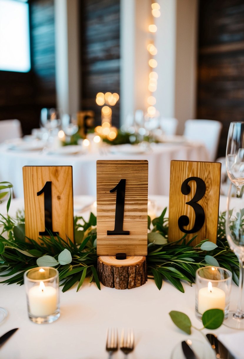 A set of rustic wooden table numbers arranged on an elegantly decorated modern wedding table