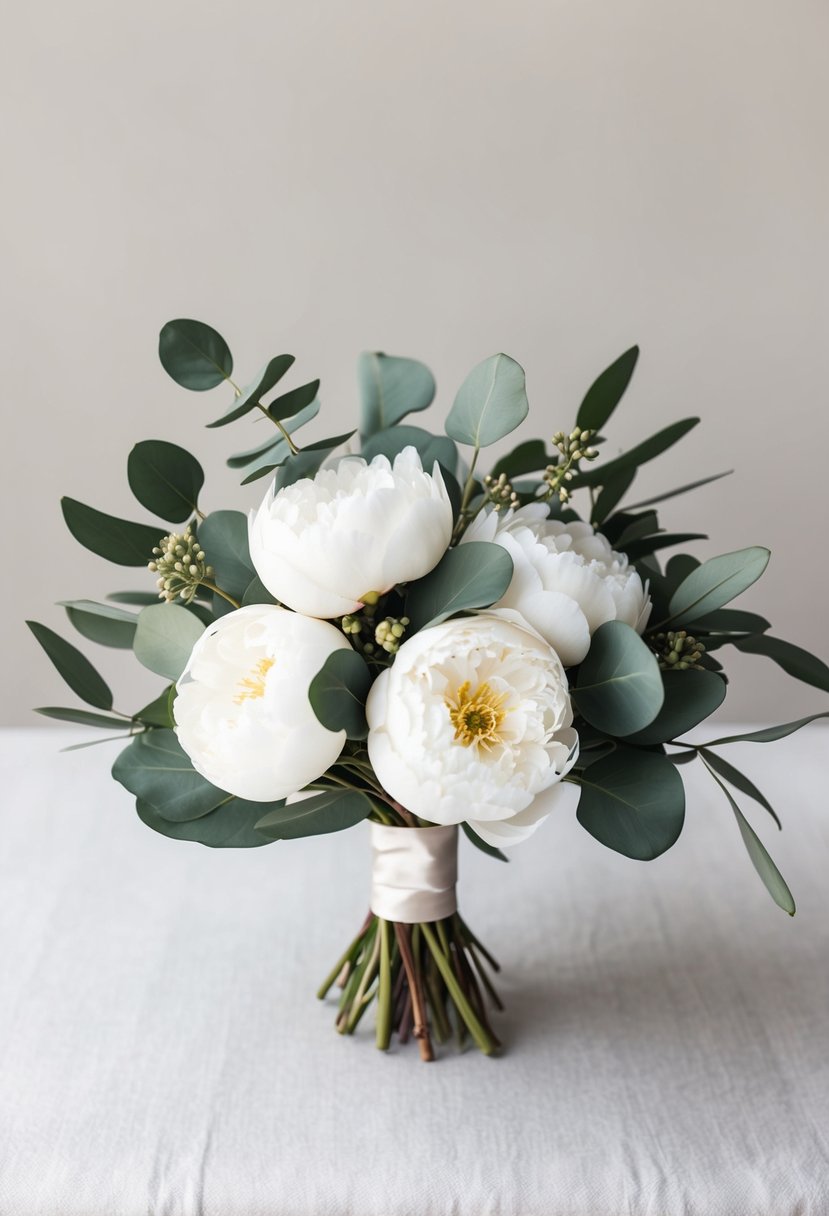 A modern minimalist wedding bouquet featuring peonies and eucalyptus, arranged in a simple yet elegant composition