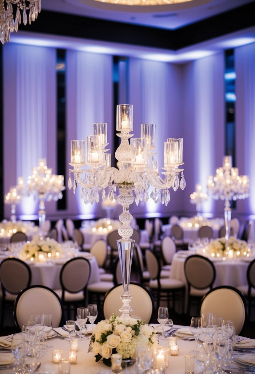 A grand table adorned with crystal candelabras exudes timeless elegance for a modern wedding