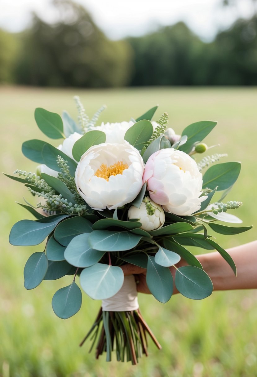 A lush wedding bouquet of boho chic peonies and eucalyptus leaves