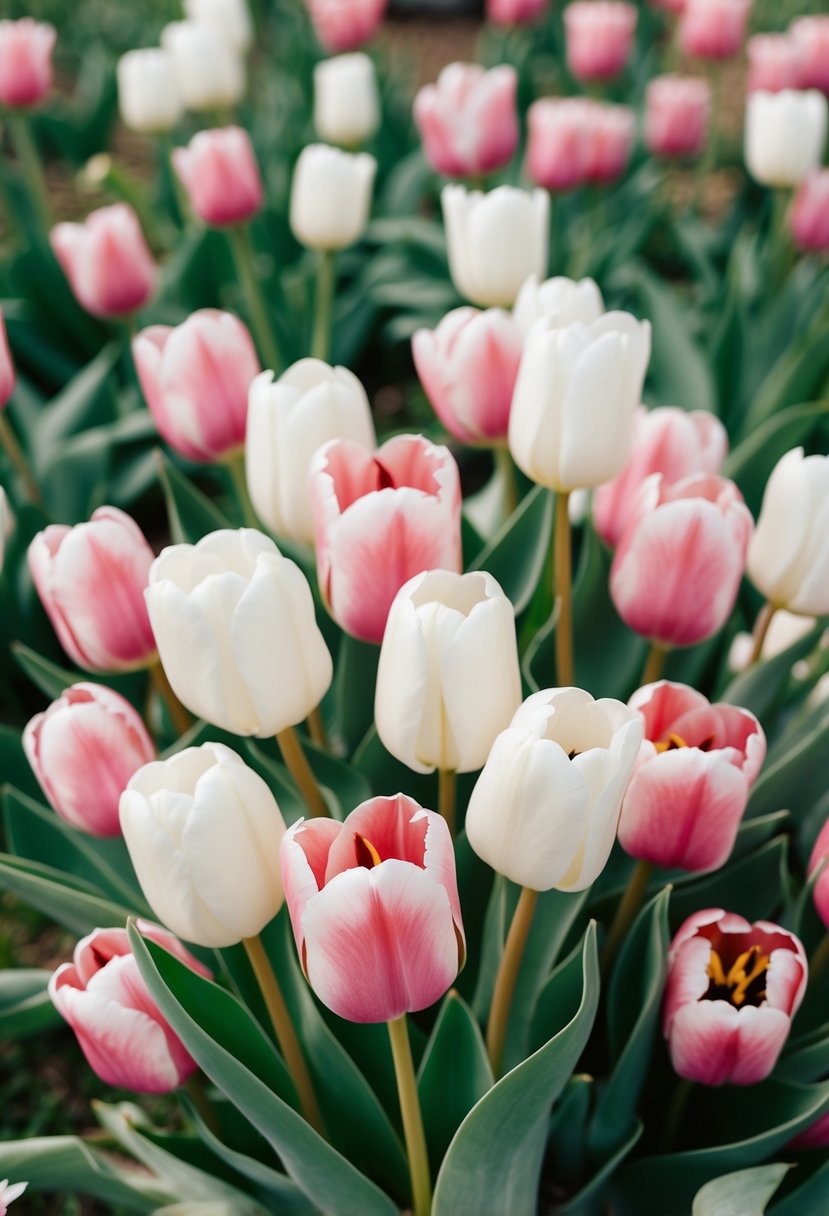 A delicate bouquet of pink and white tulips surrounded by light greenery