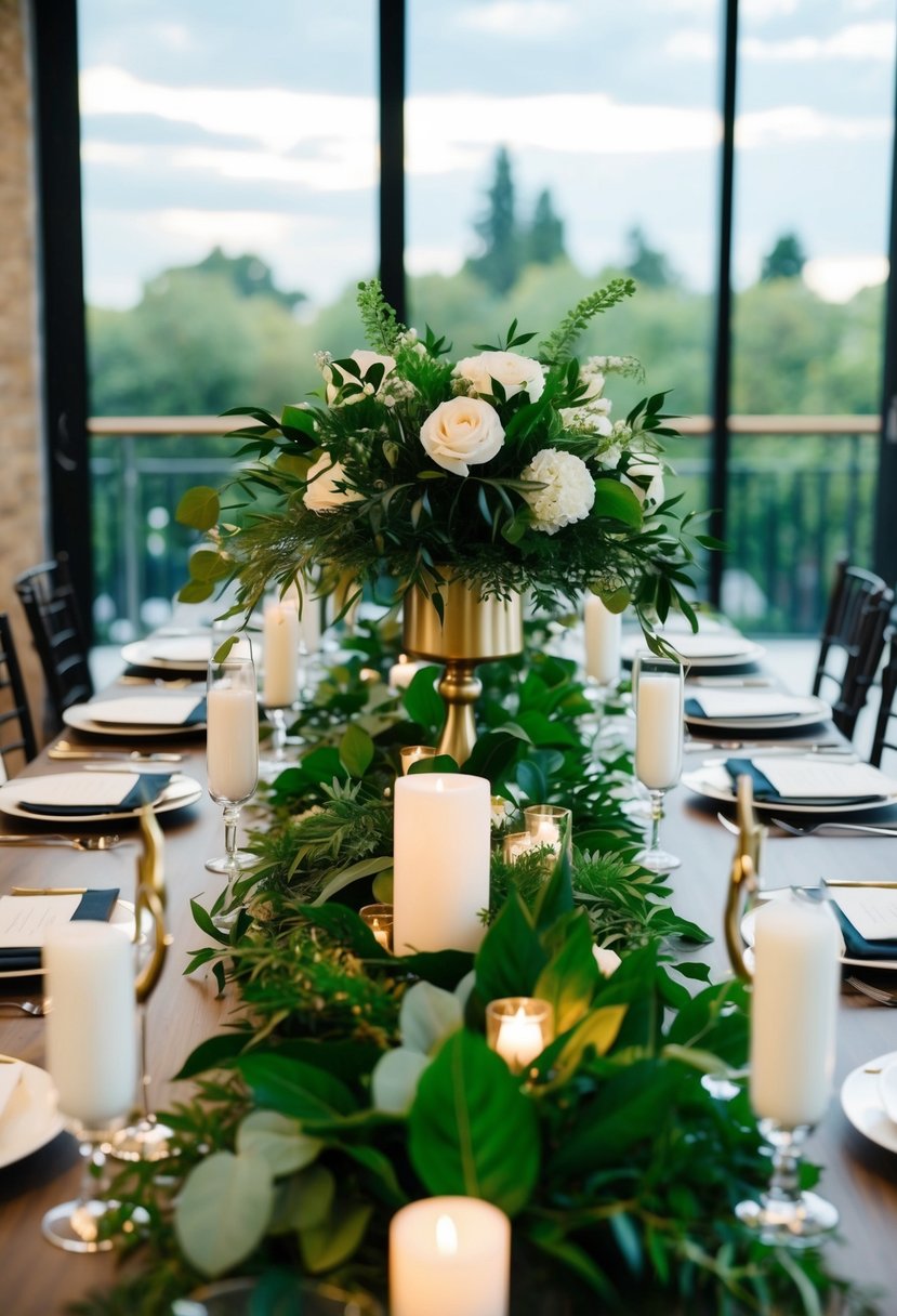 A table adorned with lush greenery and modern decor for an elegant wedding