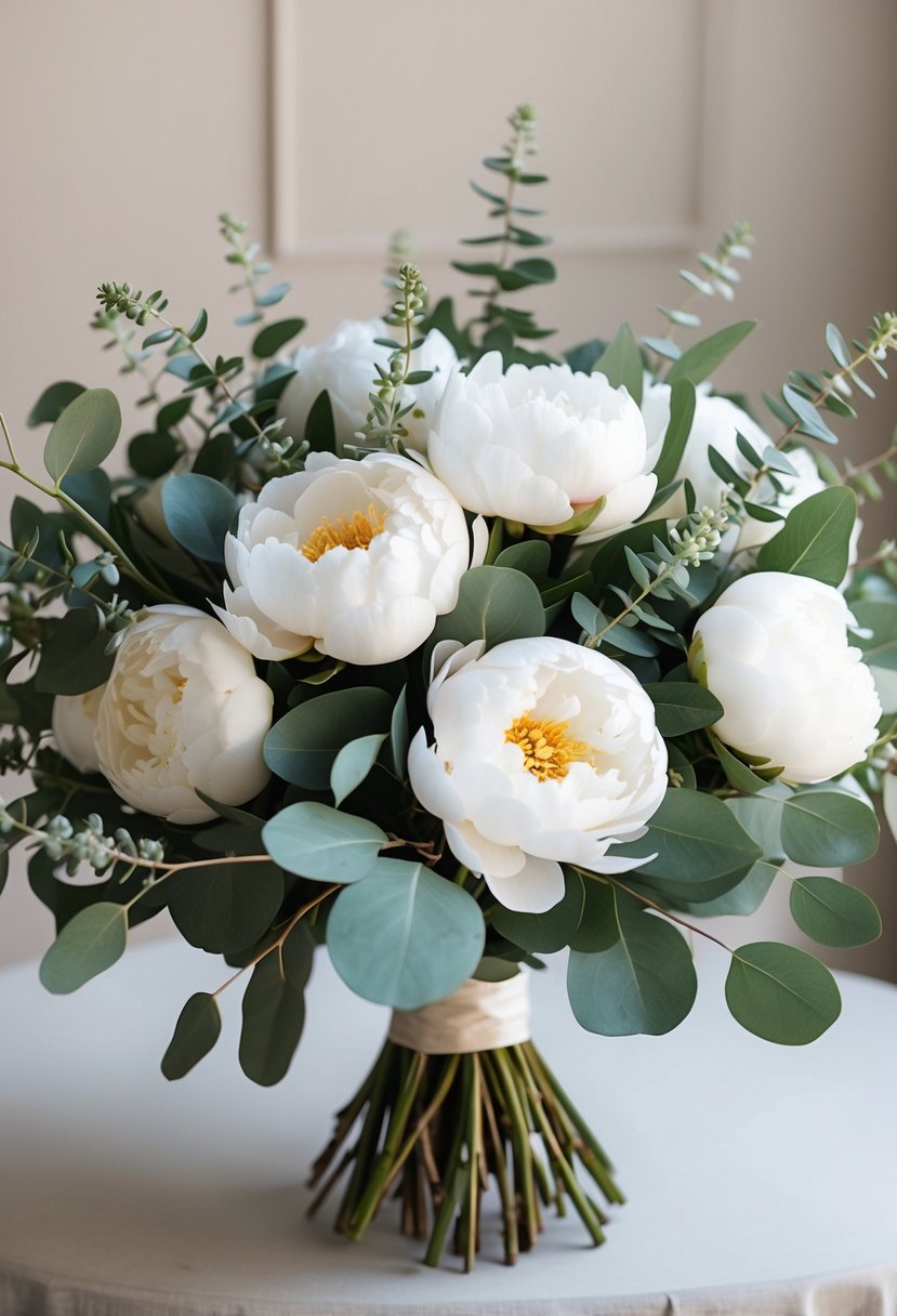 A lush bouquet of white peonies and eucalyptus leaves arranged in a classic, elegant style