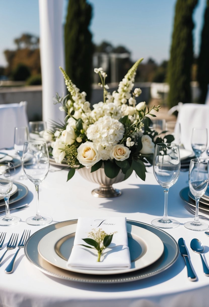 A table set with silver cutlery, white linen, and elegant floral centerpieces for a modern wedding