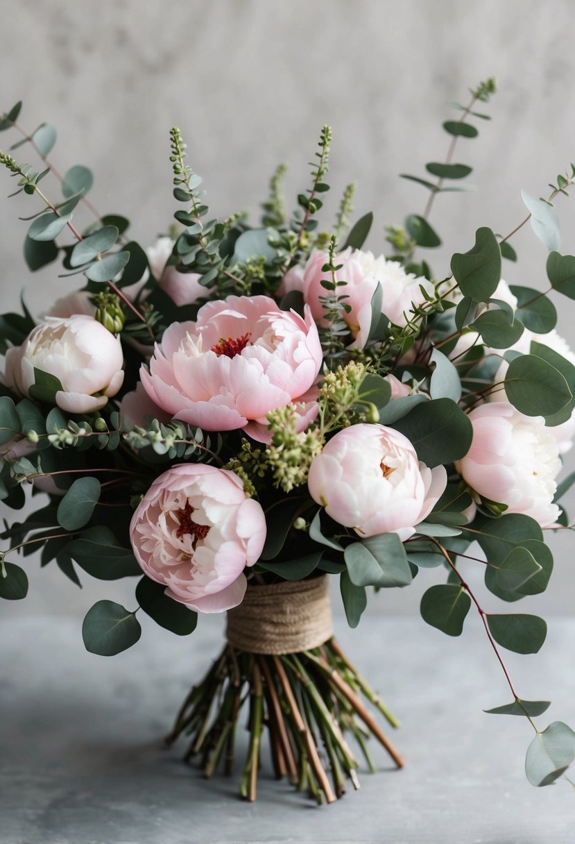 A lush bouquet of pink peonies and fragrant eucalyptus, arranged in a natural, organic style