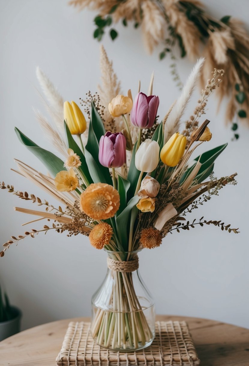 A whimsical bouquet of dried elements and tulips in a boho-inspired arrangement