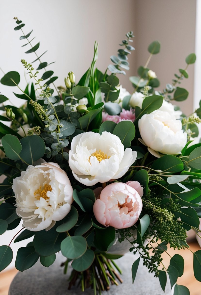 A lush bouquet of peonies and eucalyptus, with delicate petals and vibrant greenery, creating a timeless and elegant display