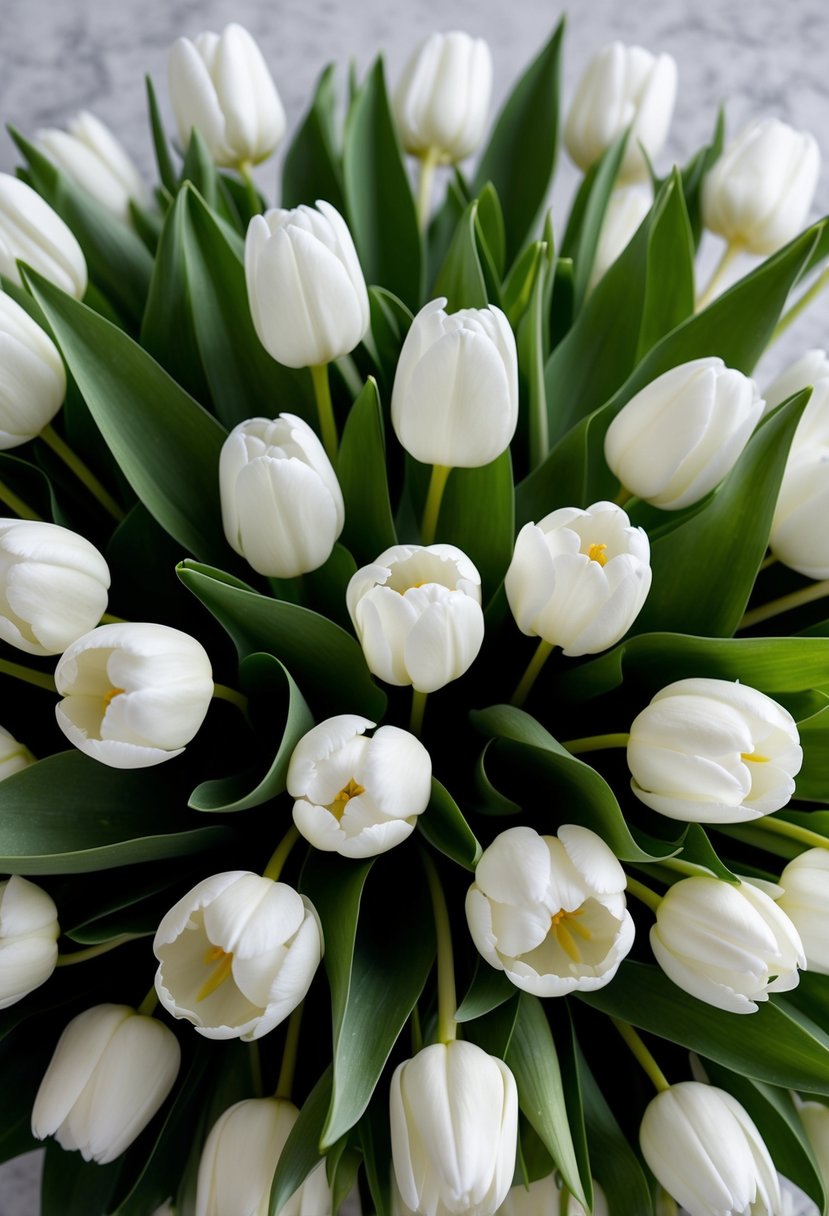 A pristine bouquet of white tulips arranged in an elegant, cascading style, with lush green foliage peeking out from between the blooms