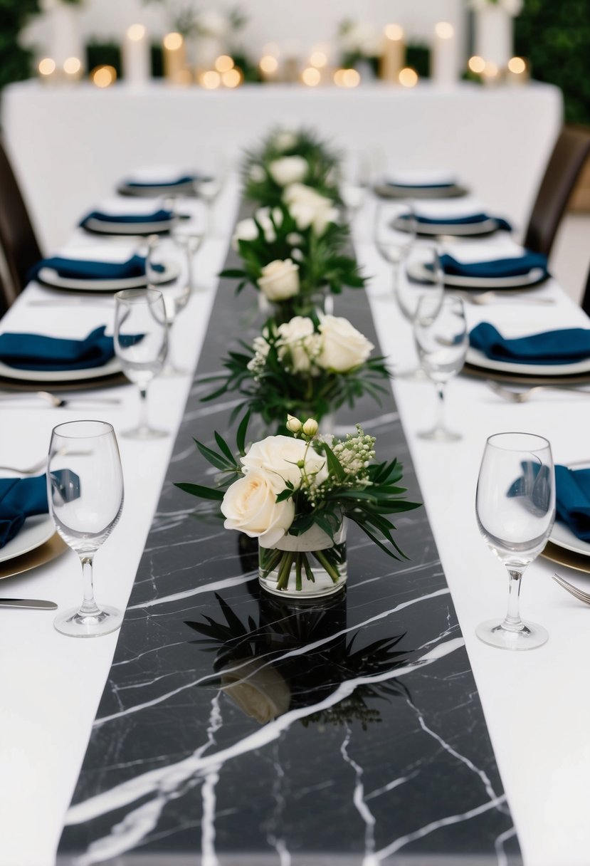 A sleek marble table runner adorns a modern wedding table, adding an elegant touch to the decor