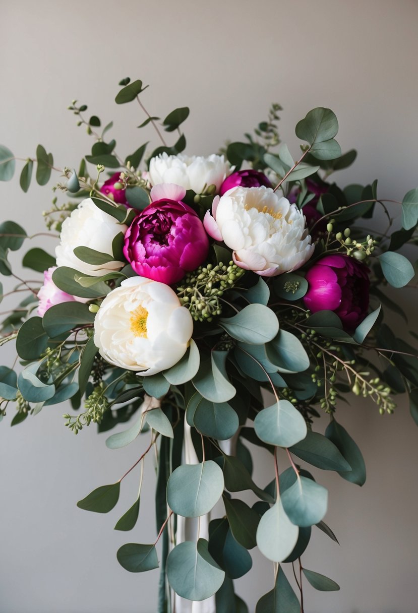 A stunning bridal bouquet of vibrant peonies and cascading eucalyptus leaves, creating a dramatic and elegant arrangement