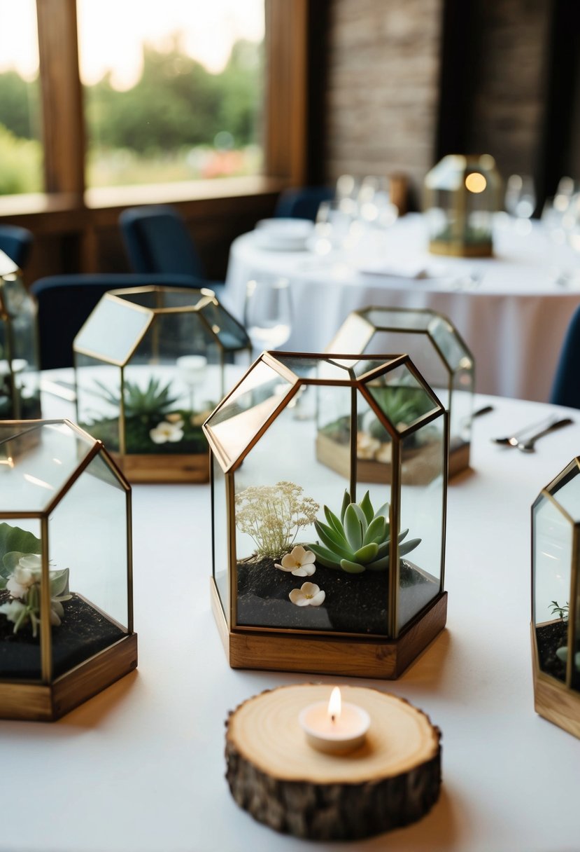 Hexagon terrariums arranged as modern wedding table decor