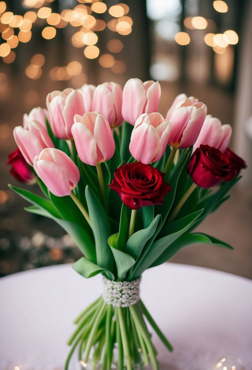 A bouquet of pink tulips with accents of red roses, arranged in a delicate and romantic wedding bouquet