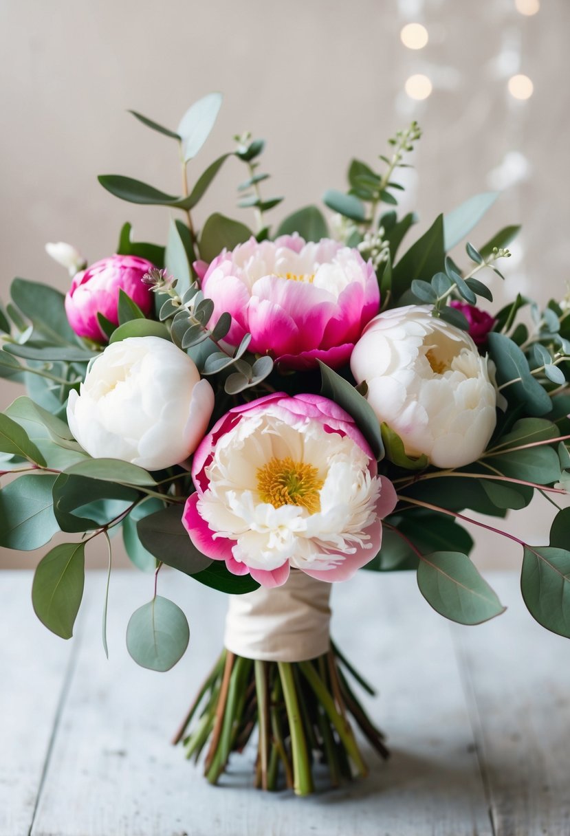 Vibrant peonies and silver-green eucalyptus leaves arranged in a whimsical wedding bouquet