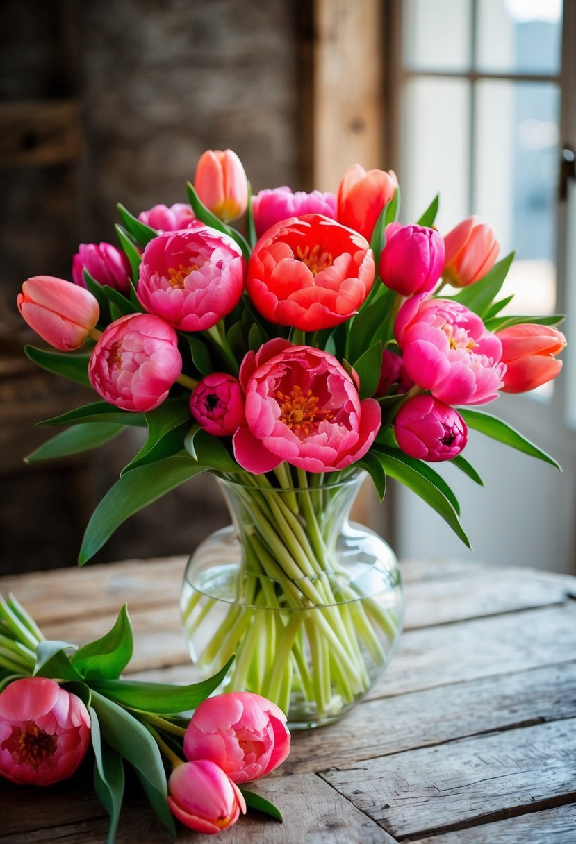 A vibrant bouquet of coral-pink peonies and tulips arranged in a glass vase on a rustic wooden table