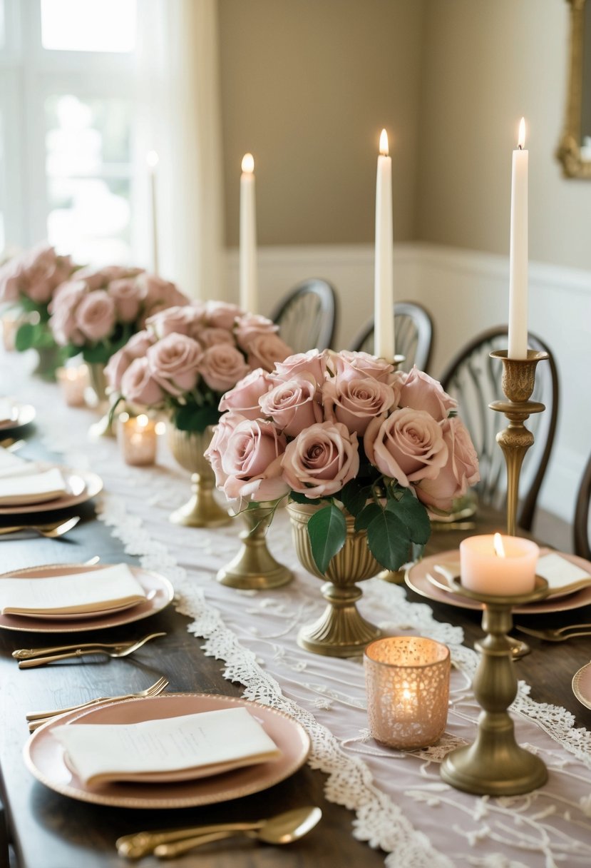 A table adorned with dusty pink roses, delicate lace runners, and vintage candle holders