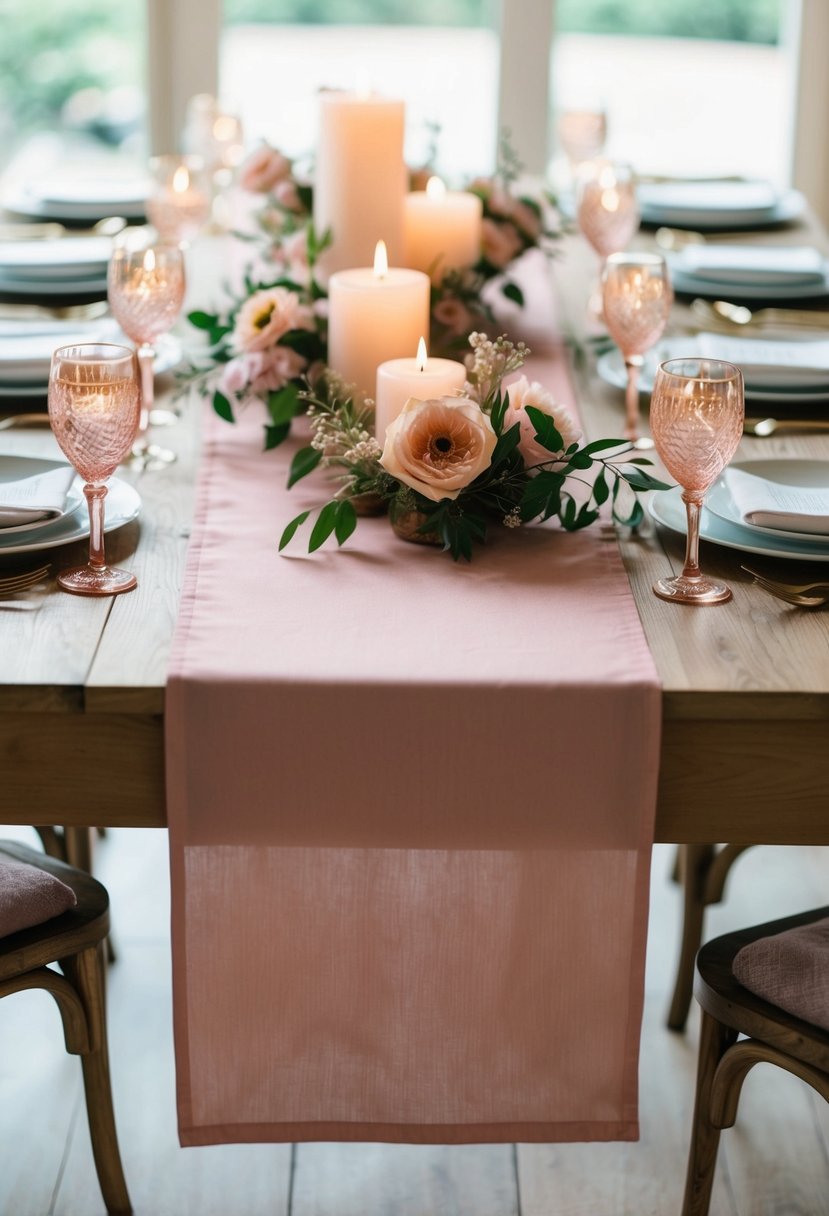 A dusty pink table runner drapes elegantly across a wooden table, adorned with delicate floral centerpieces and flickering candles