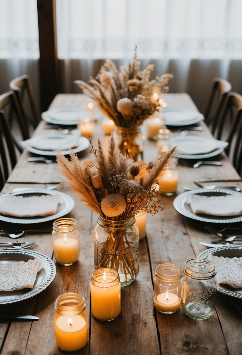 A rustic wooden table adorned with dried flower centerpieces in mason jars, surrounded by flickering candles and delicate lace accents