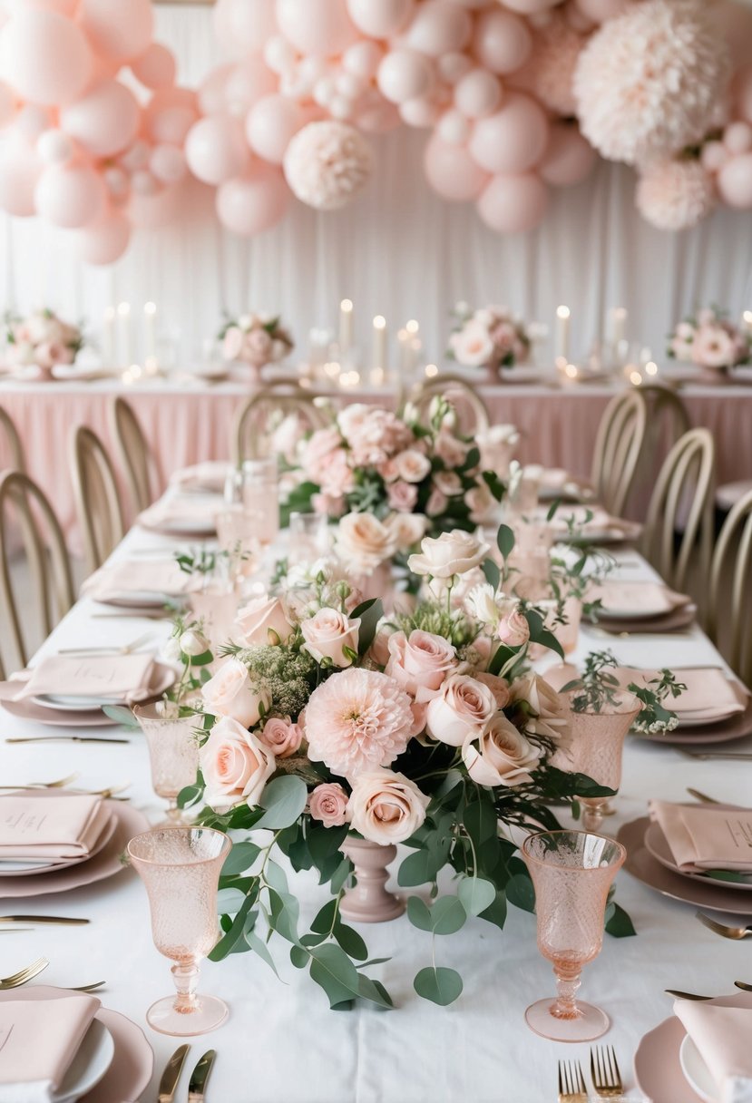 A table adorned with blush pink floral centerpieces, surrounded by delicate dusty pink wedding decor