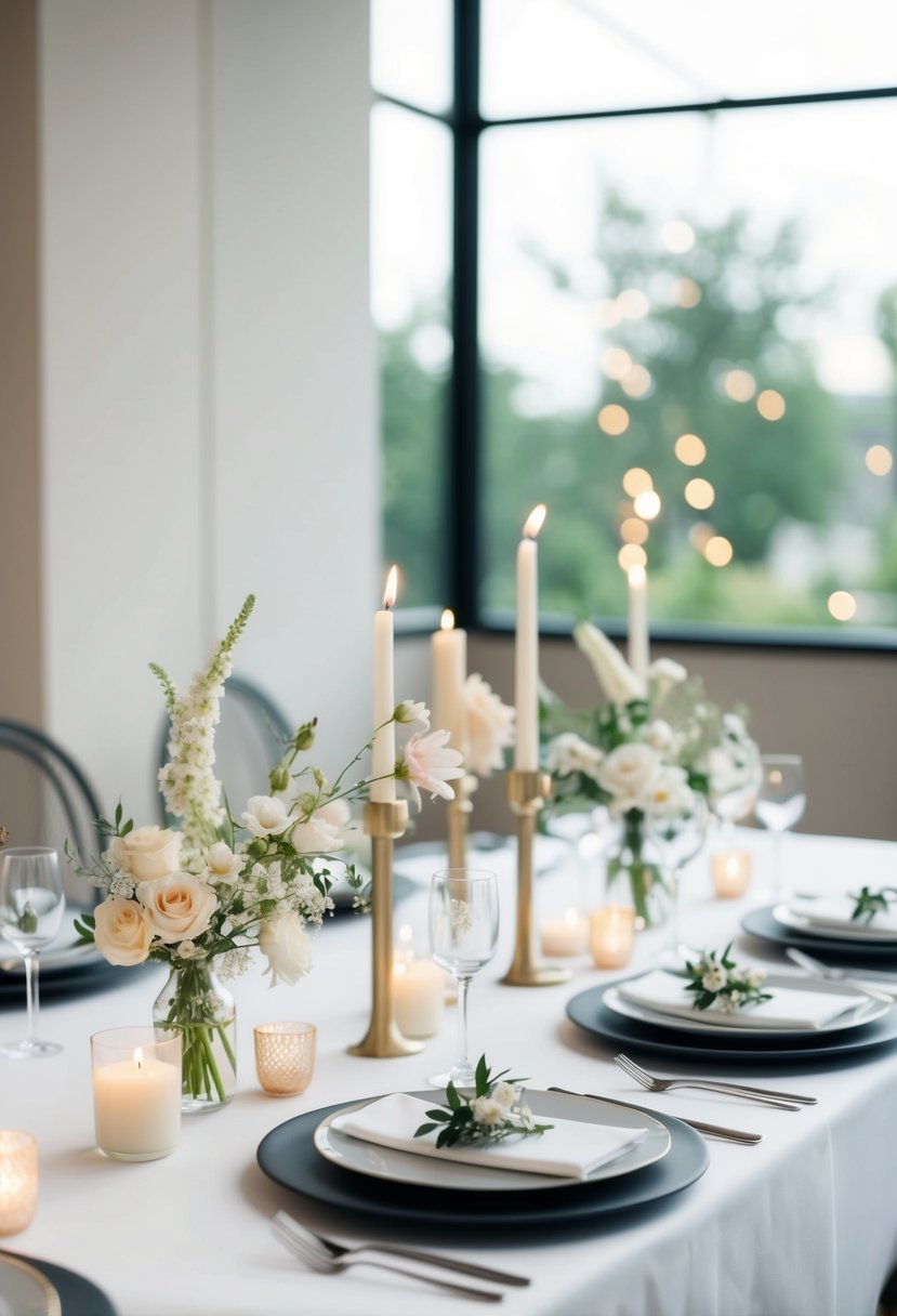 A white table adorned with delicate flowers, candles, and minimalist tableware for an elegant wedding celebration