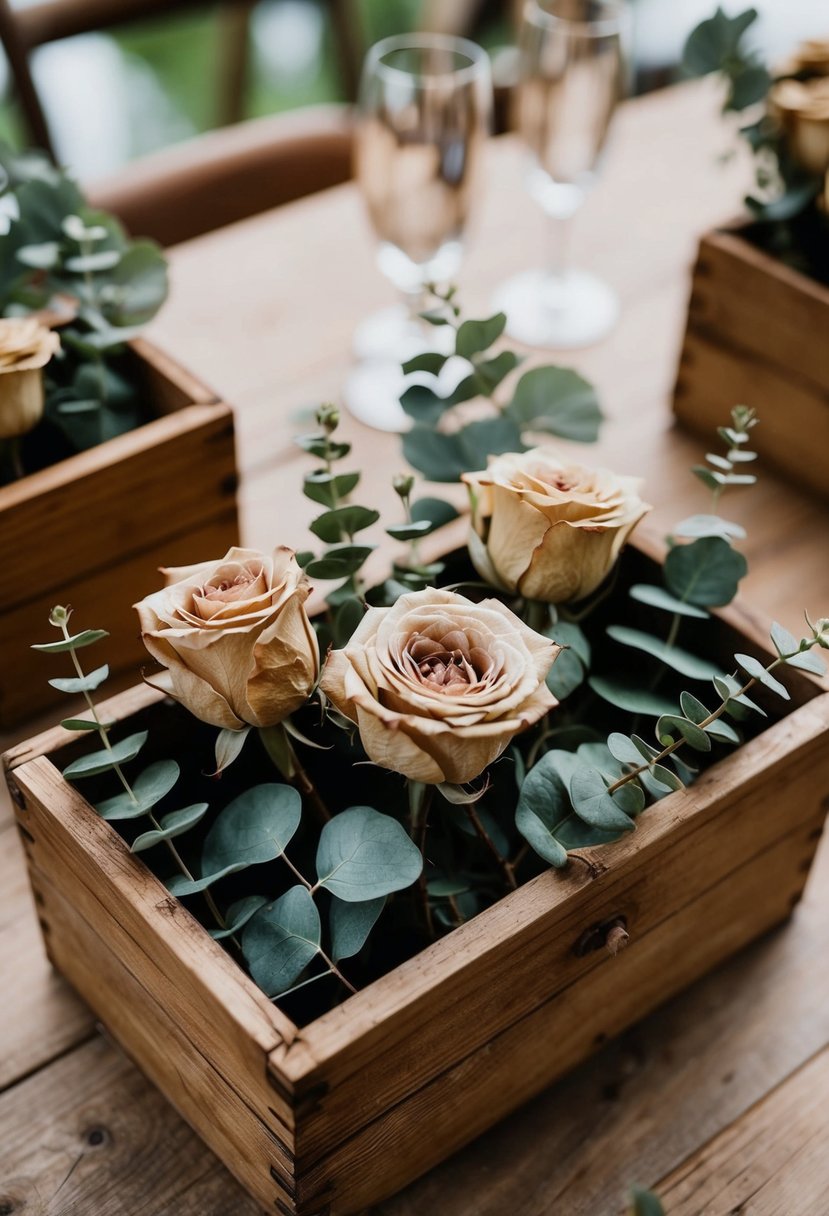 Rustic wooden boxes filled with dried roses and eucalyptus create a charming wedding table decoration