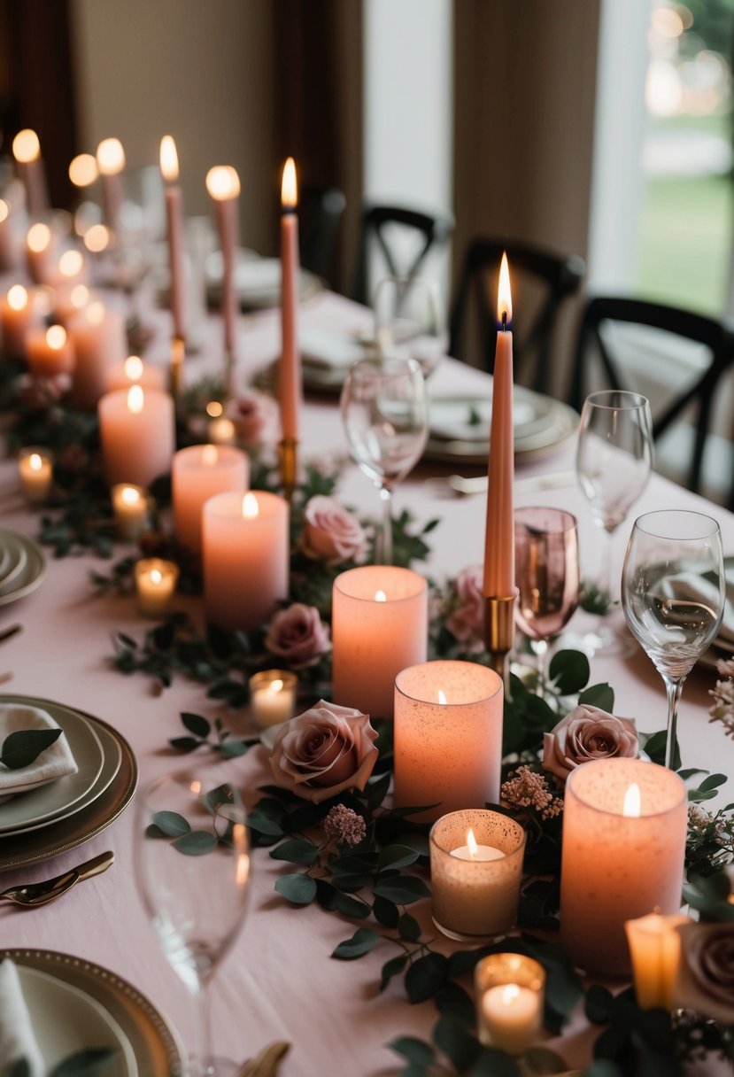 A table adorned with romantic dusty rose candles, creating a warm and elegant ambiance for a wedding celebration