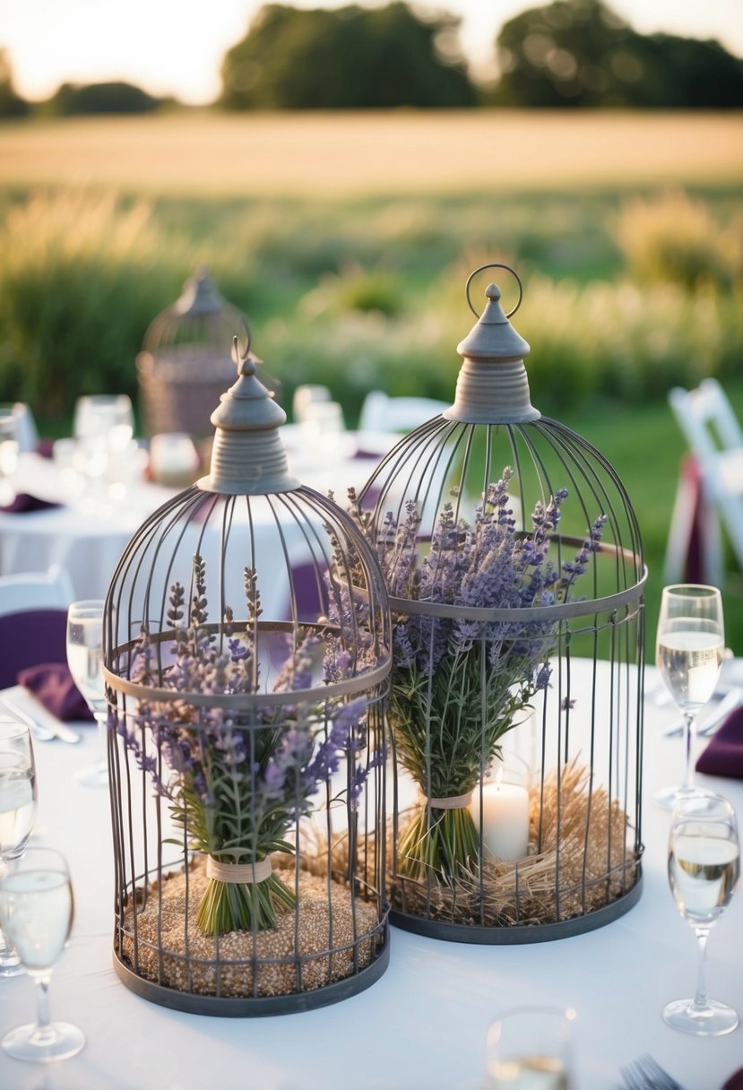 Birdcages filled with lavender and wheat, arranged as wedding table decorations