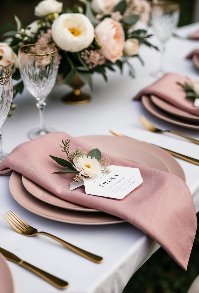 Dusty pink napkins arranged elegantly on a wedding table with delicate floral accents