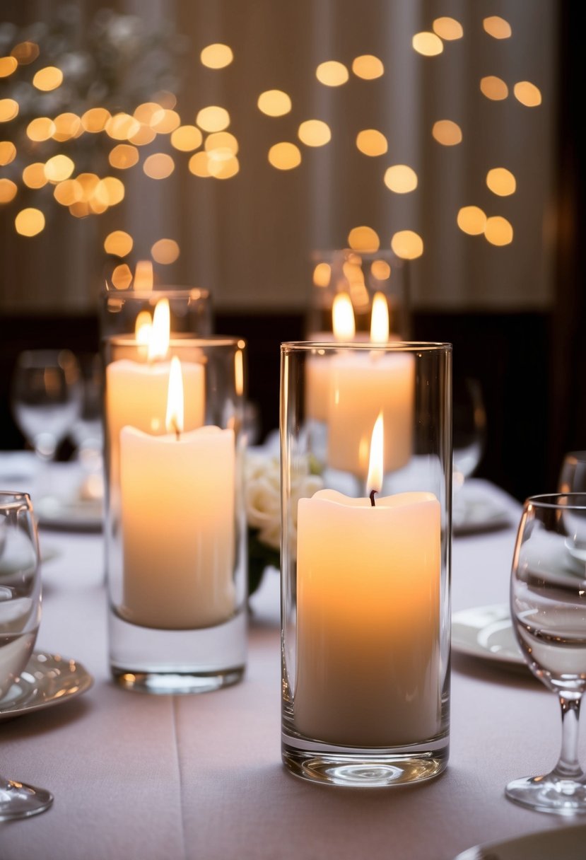 Floating white candles in glass holders illuminate a simple, elegant wedding table