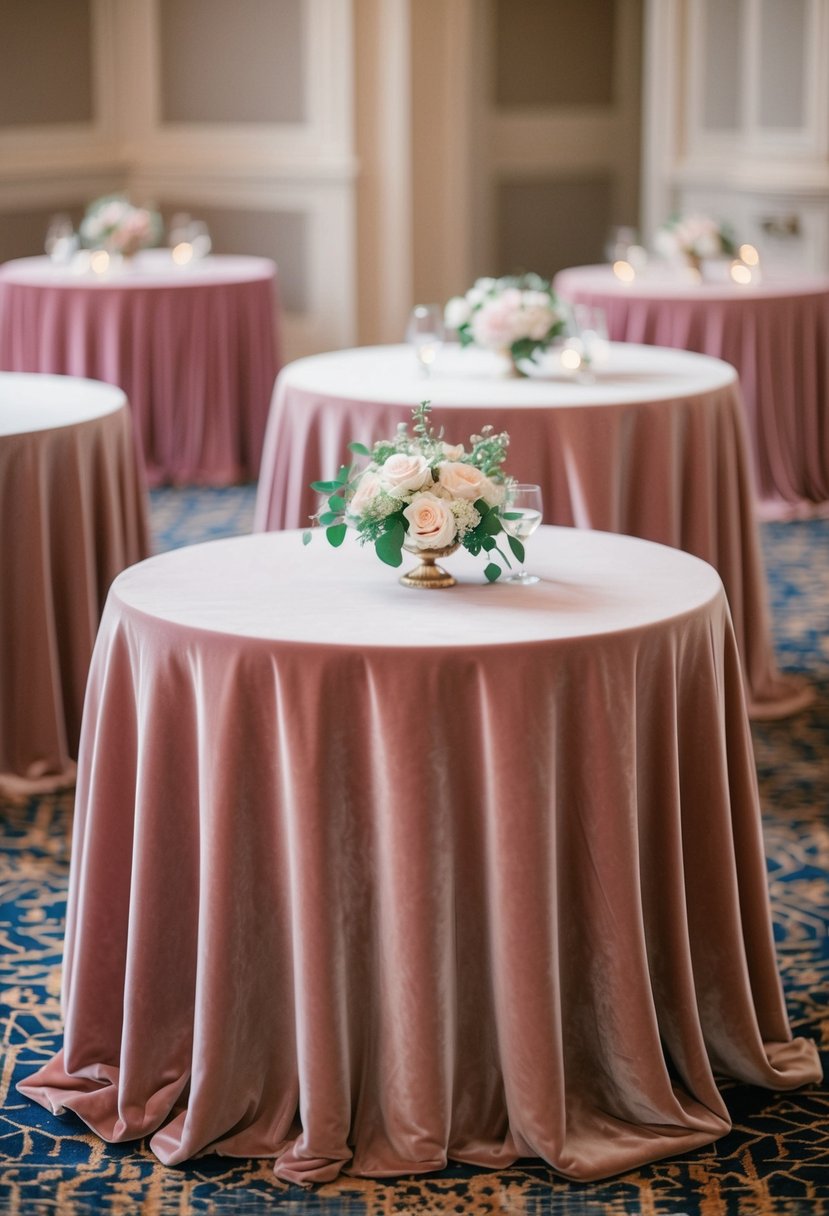 Soft dusty pink velvet tablecloths draped over wedding reception tables