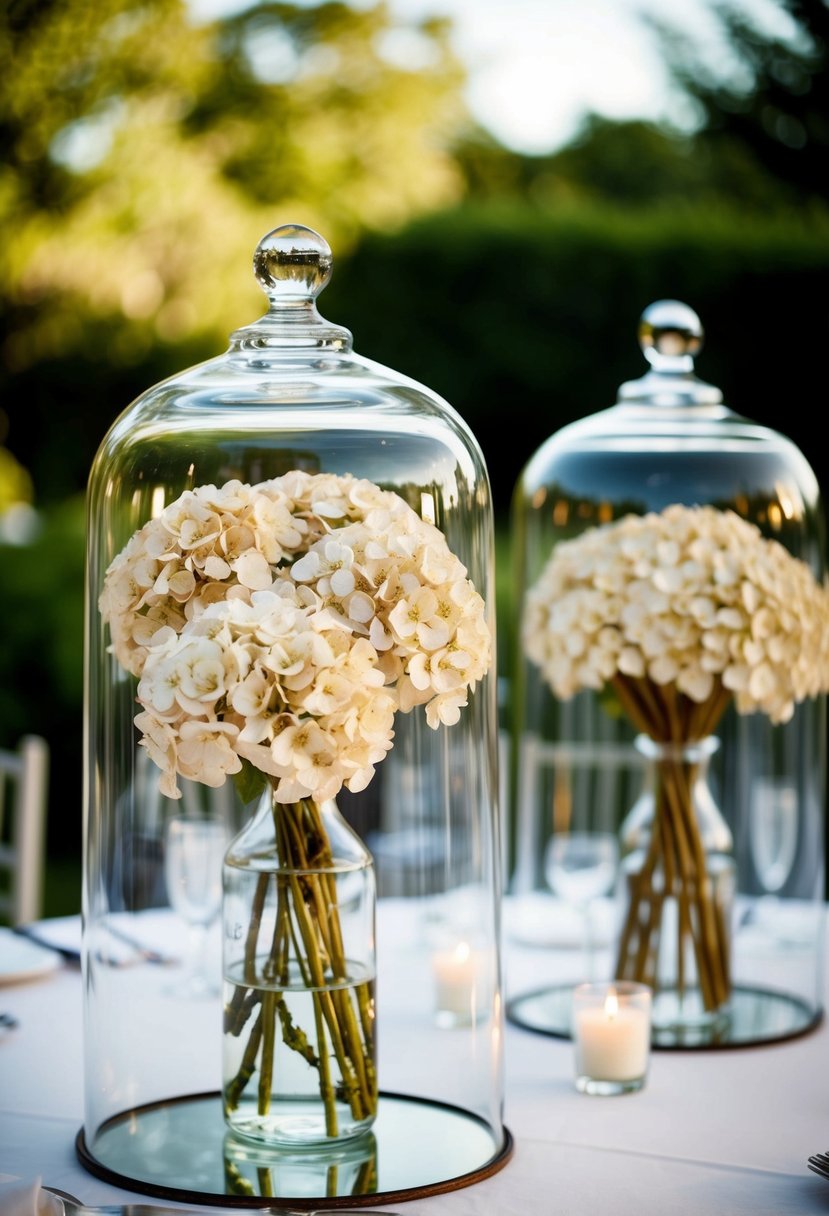 Glass cloches display dried white hydrangeas, a wedding table centerpiece