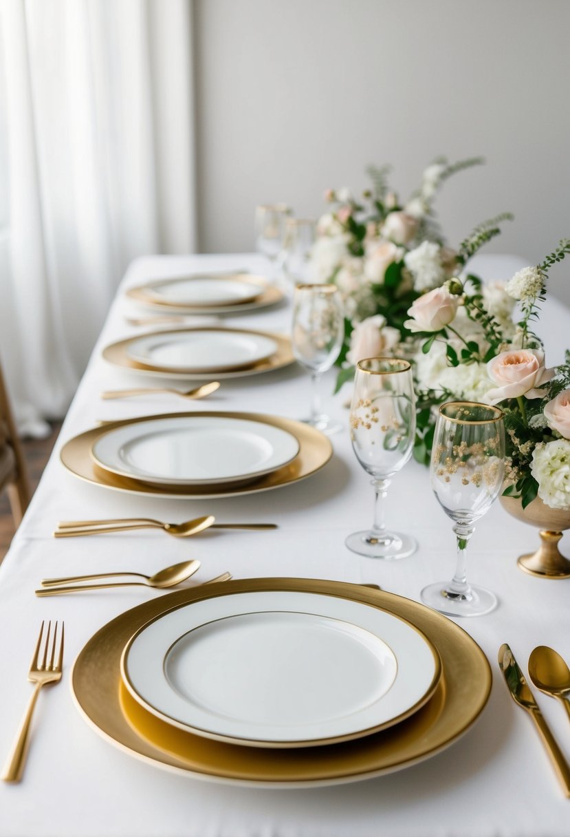 Elegant gold-rimmed plates arranged on a simple white table with delicate floral centerpieces