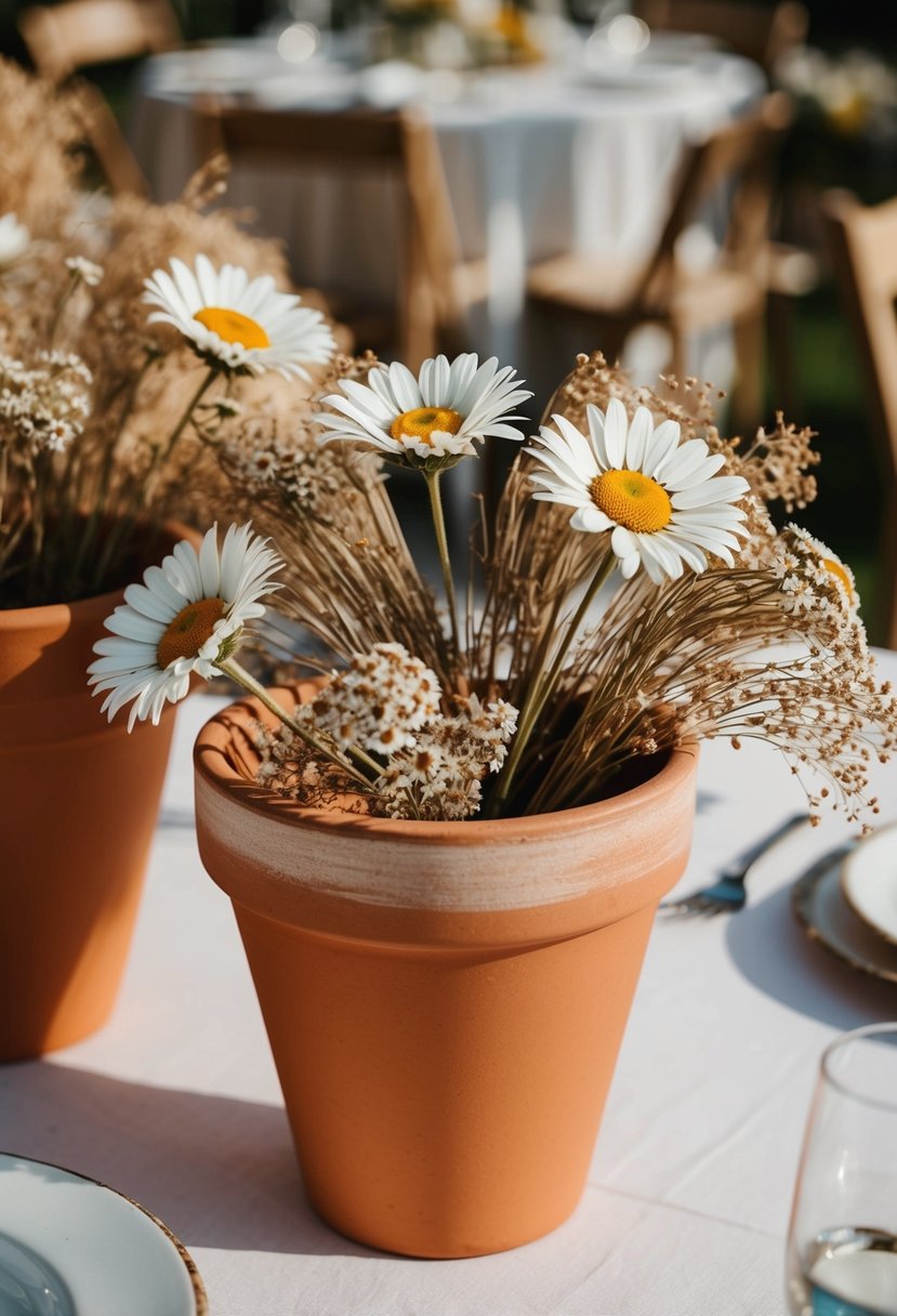 Sun-bleached terracotta pots hold dried daisy arrangements, creating a rustic and charming wedding table decoration