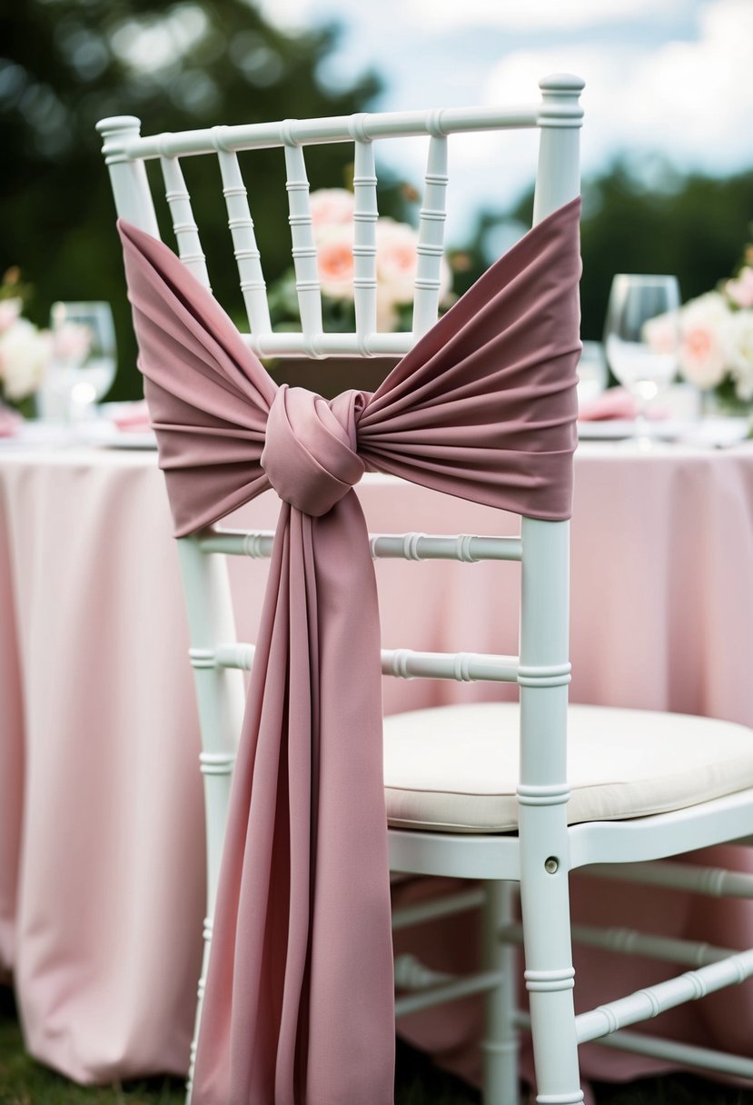 A chic dusty pink chair sash draped over a white wedding chair, with matching dusty pink table decorations