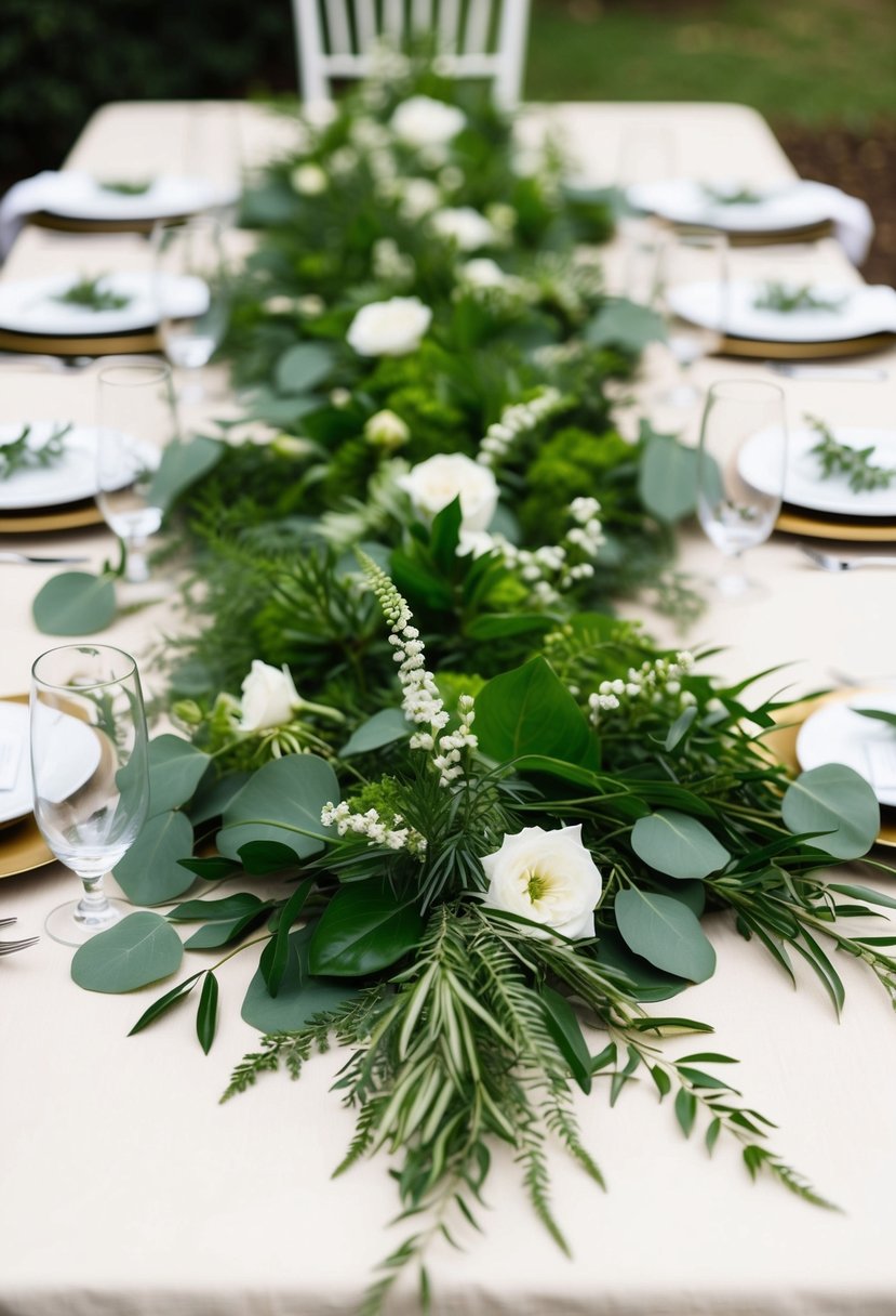 A table runner made of lush greenery, interspersed with delicate white flowers, adorns a simple yet elegant wedding table