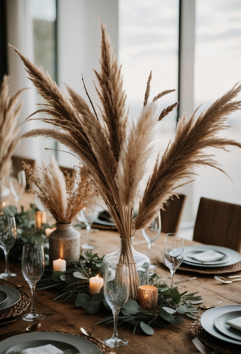 A rustic table adorned with dried lunaria, twigs, and pampas grass creates a stunning wedding centerpiece