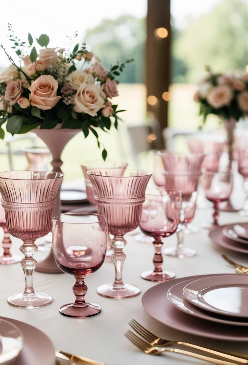 Dusty pink glassware accents adorn a wedding table, adding a soft and elegant touch to the romantic decor