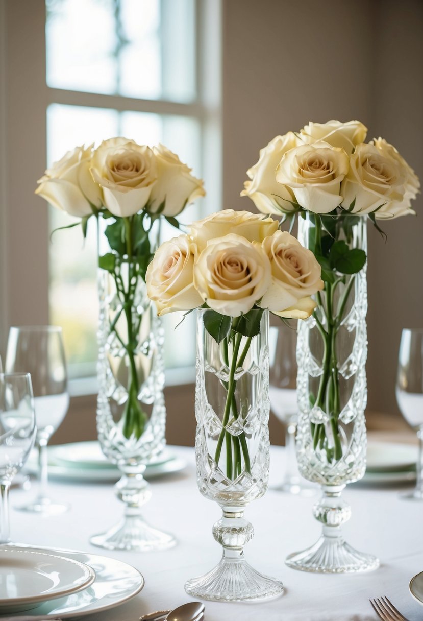 Crystal vases hold ivory roses on a simple wedding table