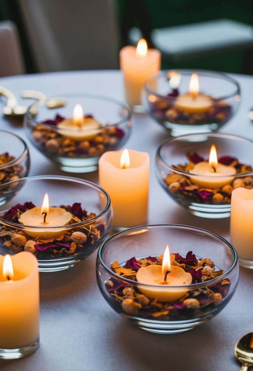 Clear bowls hold floating dried flower petals with lit candles, creating a romantic wedding table decoration