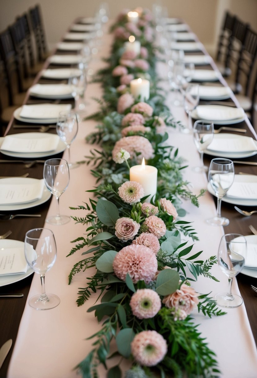 A long, flowing garland of dusty pink flowers and greenery adorns a wedding table, creating a romantic and elegant centerpiece